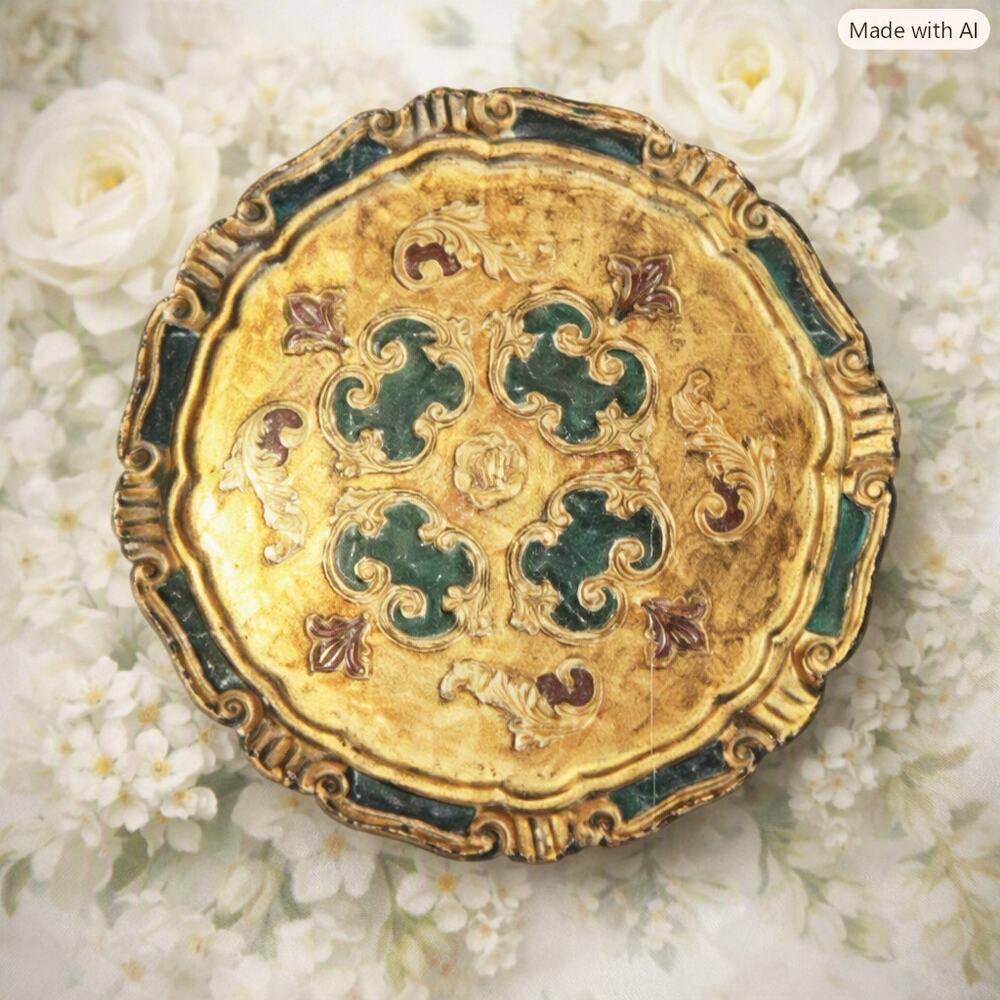 9 in Florentine Serving Tray Gold Green Red Ornate Scalloped Edge Made in Italy